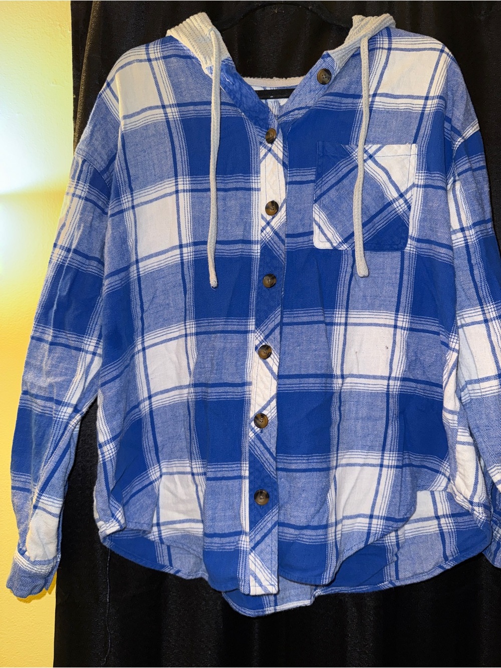 Maurices Blue and White Plaid Button-Down Hoodie Shirt